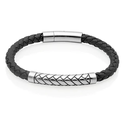 Bracelet en cuir tressé noir en acier inoxydable « Steelx » de 8,5 po