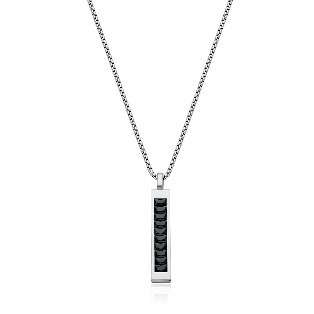 STEELX Stainless Steel Black Cubic Zirconia Bar Necklace 24"