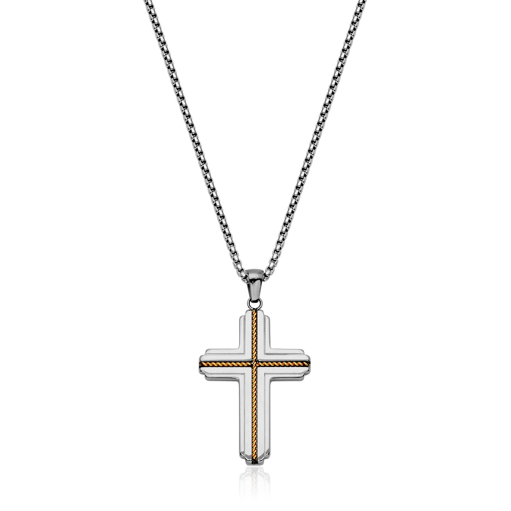 STEELX Stainless Steel Two Tone Cross Pendant Necklace 24"