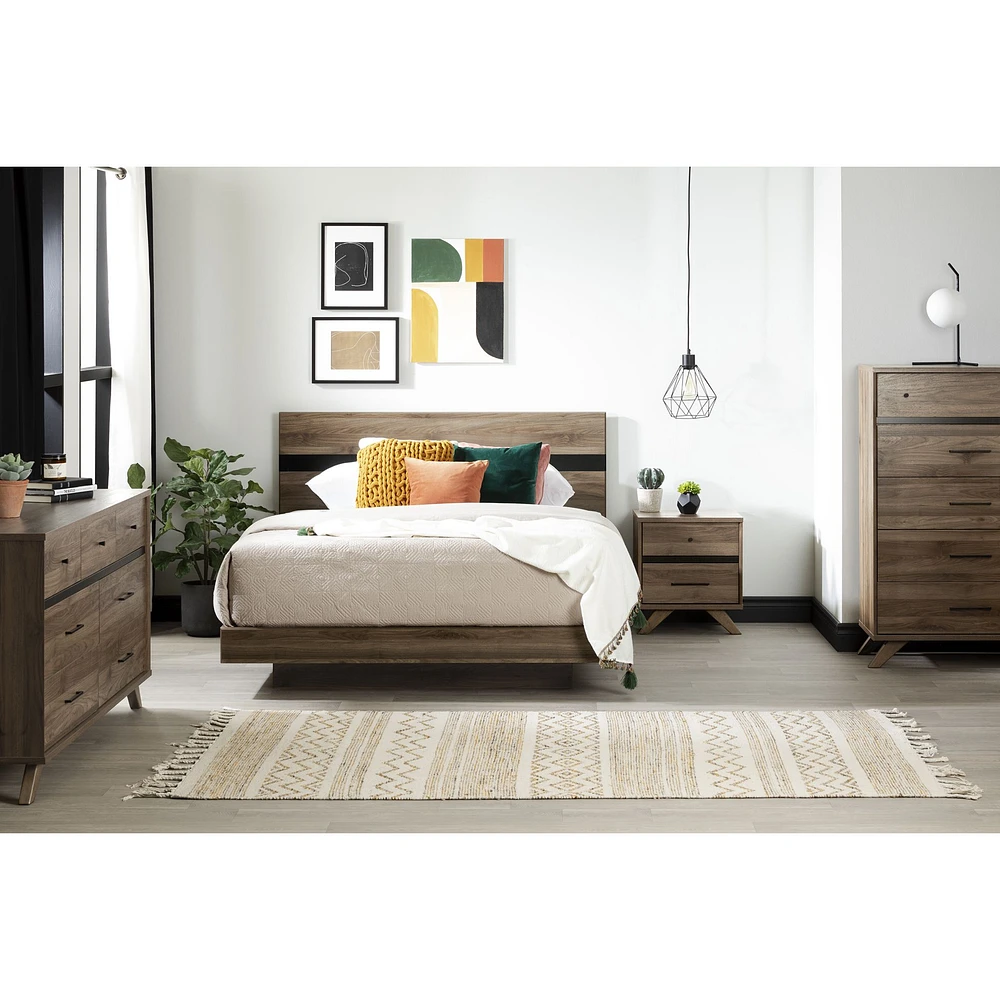 Flam Queen Platform Bed and Headboard in Natural Walnut and Matte Black by South Shore Furniture