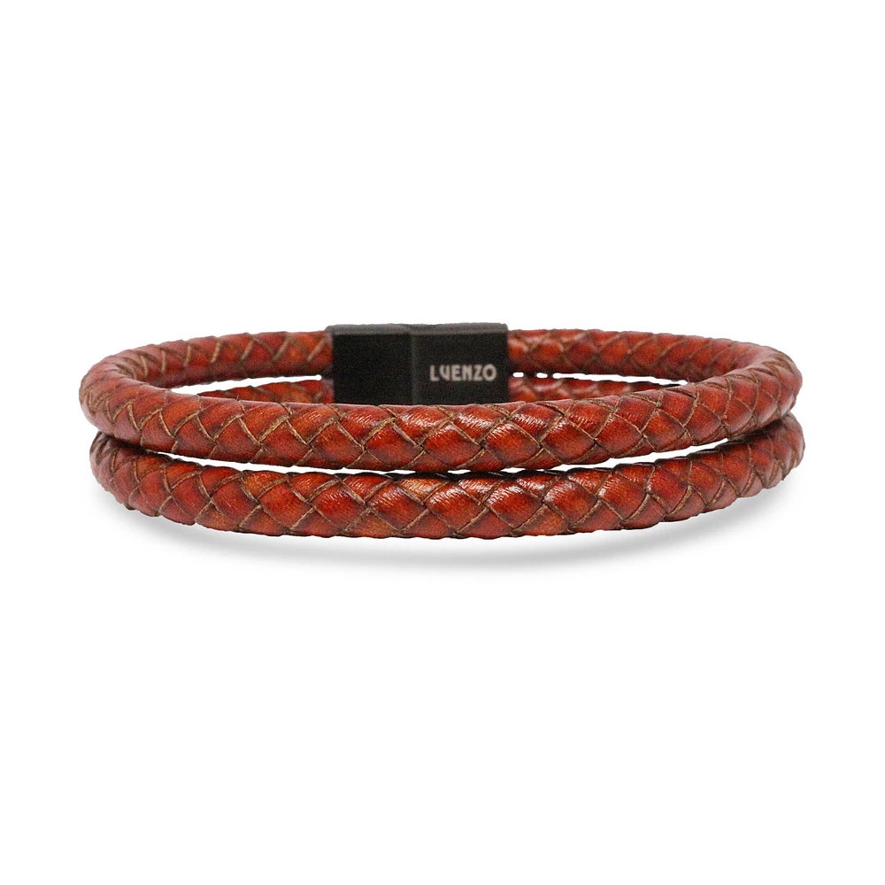 Luenzo Saddle Brown Genuine Leather Double Wrap Bracelet