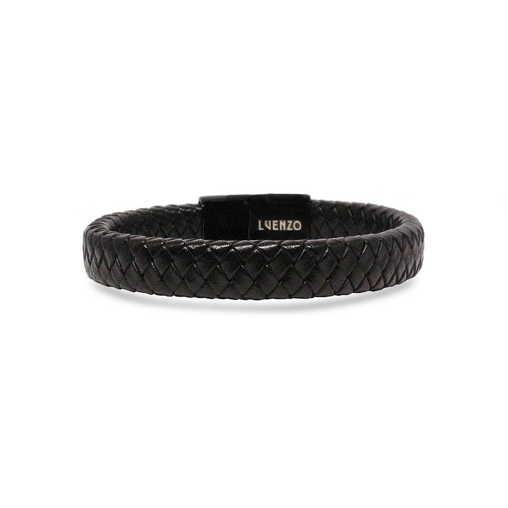 Luenzo Matte Black Genuine Leather Single Wrap Bracelet