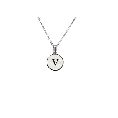 Luenzo Stainless Steel Initial Necklace "V" with Mother of Pearl Inlay