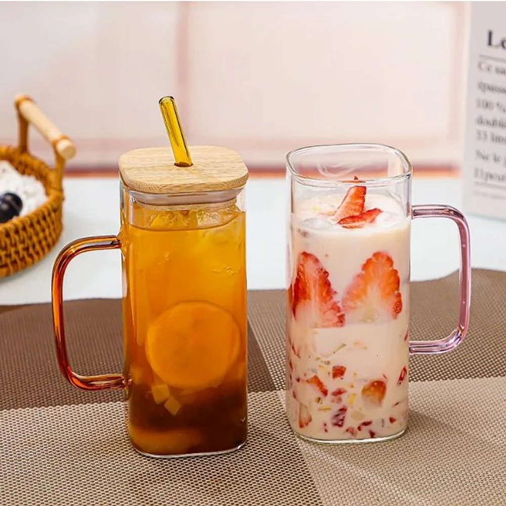 Verre carré avec couvercle en bambou et paille en verre, ensemble de 2 - Rose