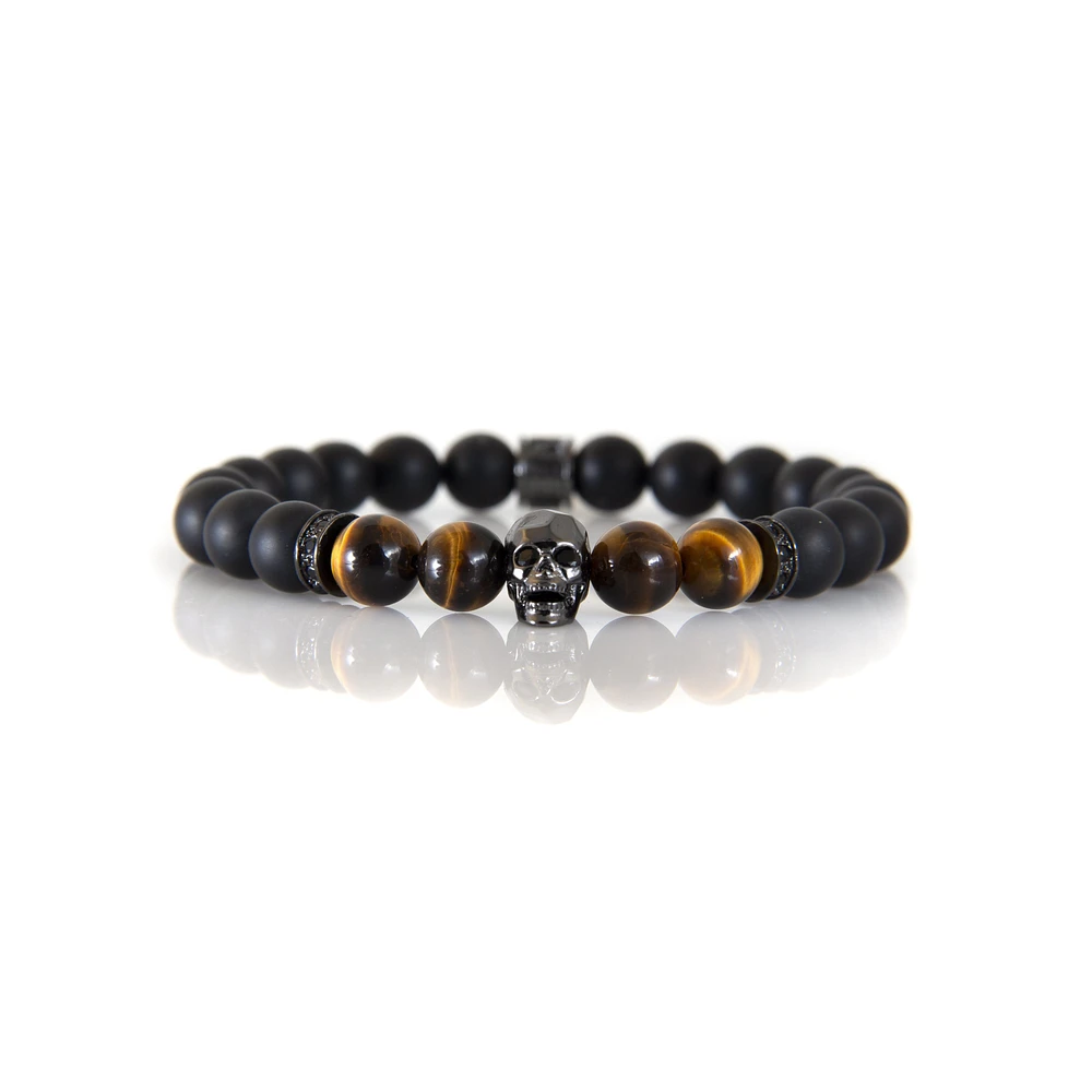 Bracelet onyx noir et oeil de tigre avec accent crâne gris acier par Luenzo