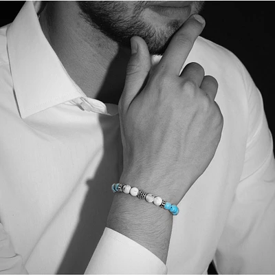 Bracelet turquoise bleue et blanche avec accent de zircone cubique argenté par Luenzo