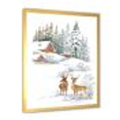 Winter Cottage with Two Deers Wall Art