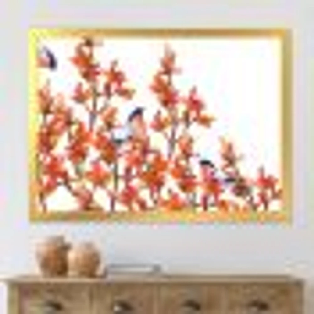 Flock of Bullfinches Birds on Orange Branches Wall Art