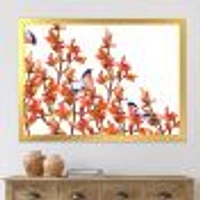 Flock of Bullfinches Birds on Orange Branches Wall Art