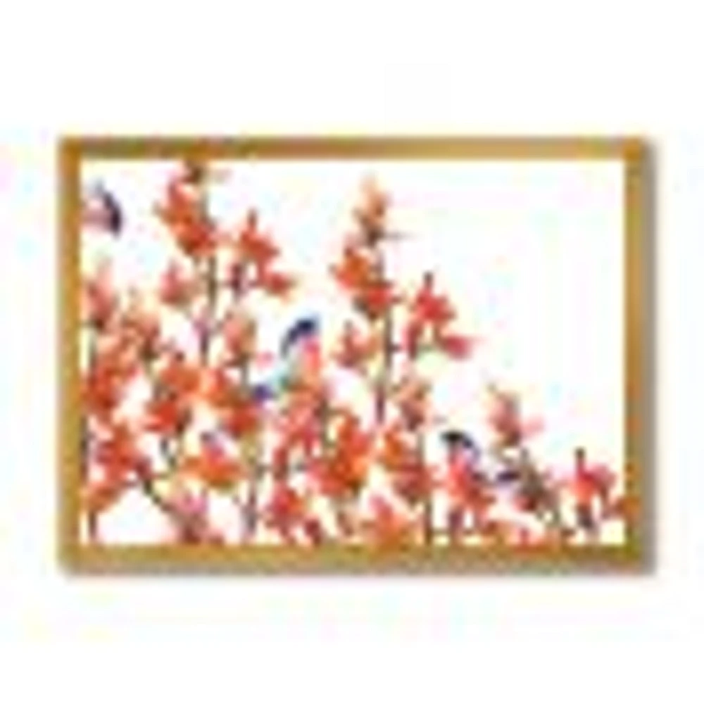 Flock of Bullfinches Birds on Orange Branches Wall Art