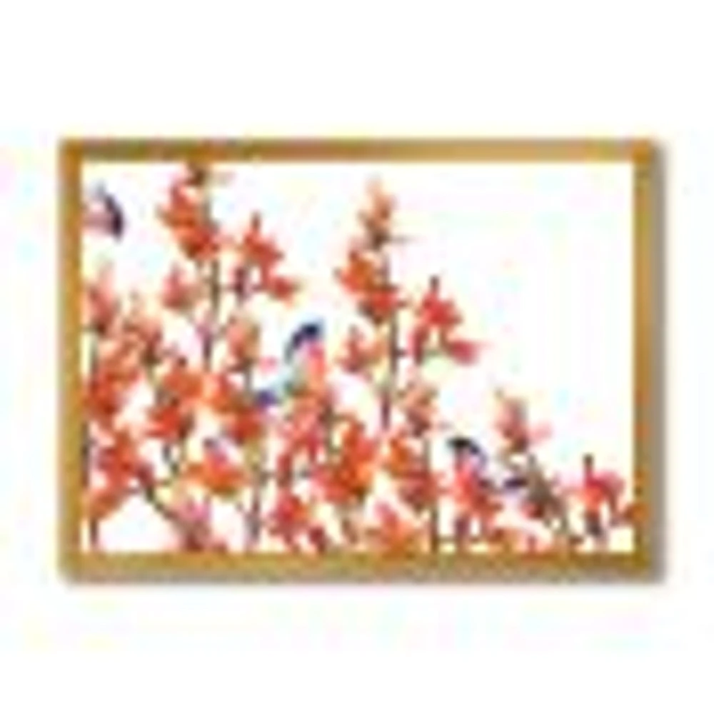 Flock of Bullfinches Birds on Orange Branches Wall Art