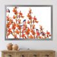 Flock of Bullfinches Birds on Orange Branches Wall Art