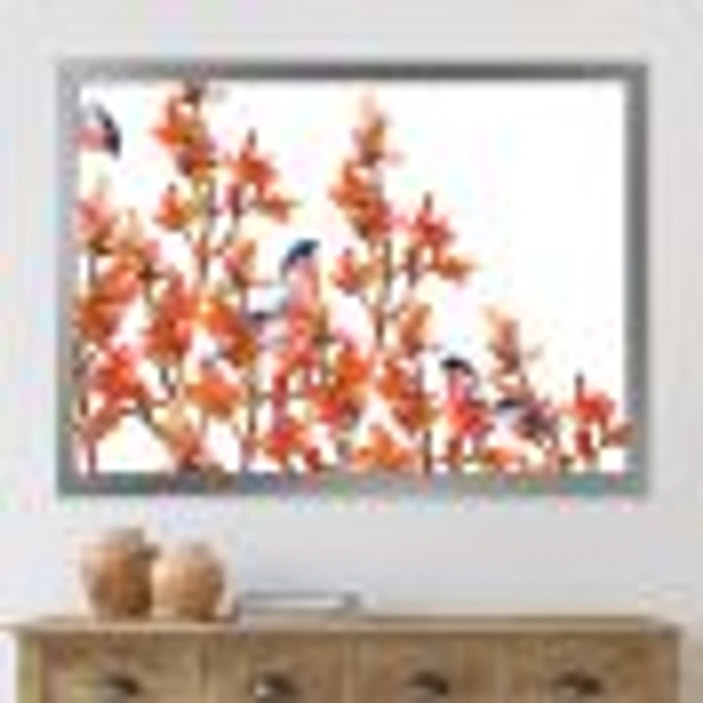 Flock of Bullfinches Birds on Orange Branches Wall Art