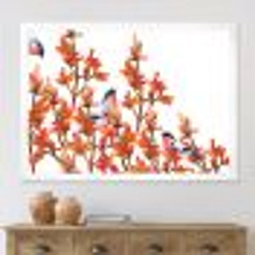 Flock of Bullfinches Birds on Orange Branches Wall Art