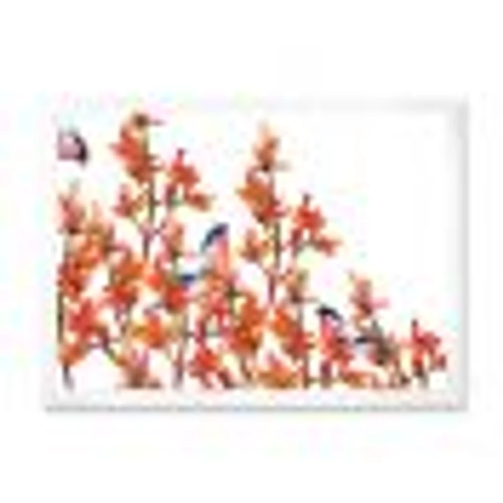 Flock of Bullfinches Birds on Orange Branches Wall Art