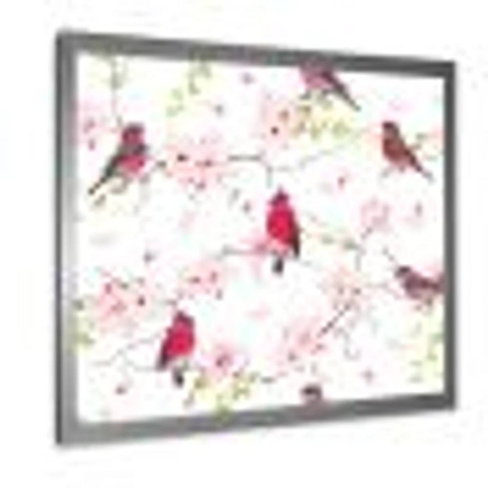 Red Bullfinches on Magnolia Tree  Wall Art