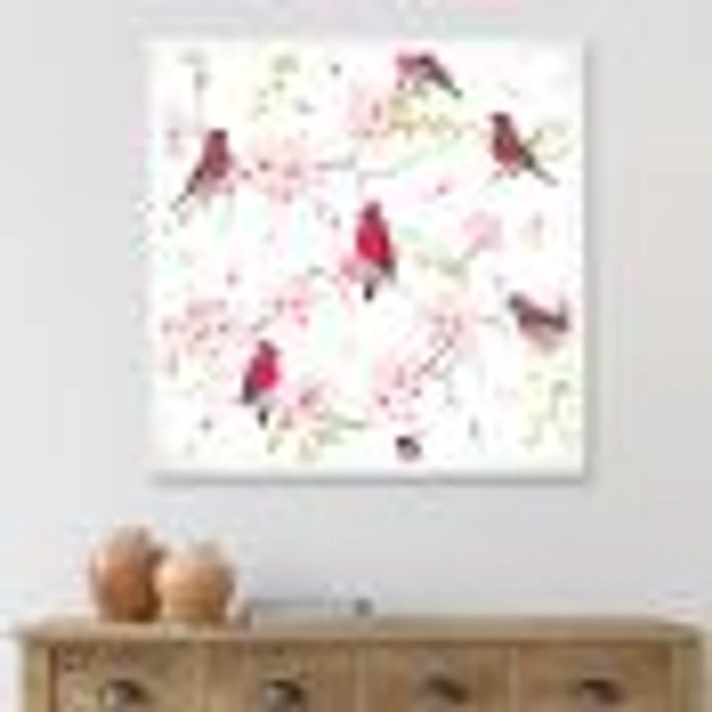 Red Bullfinches on Magnolia Tree  Wall Art