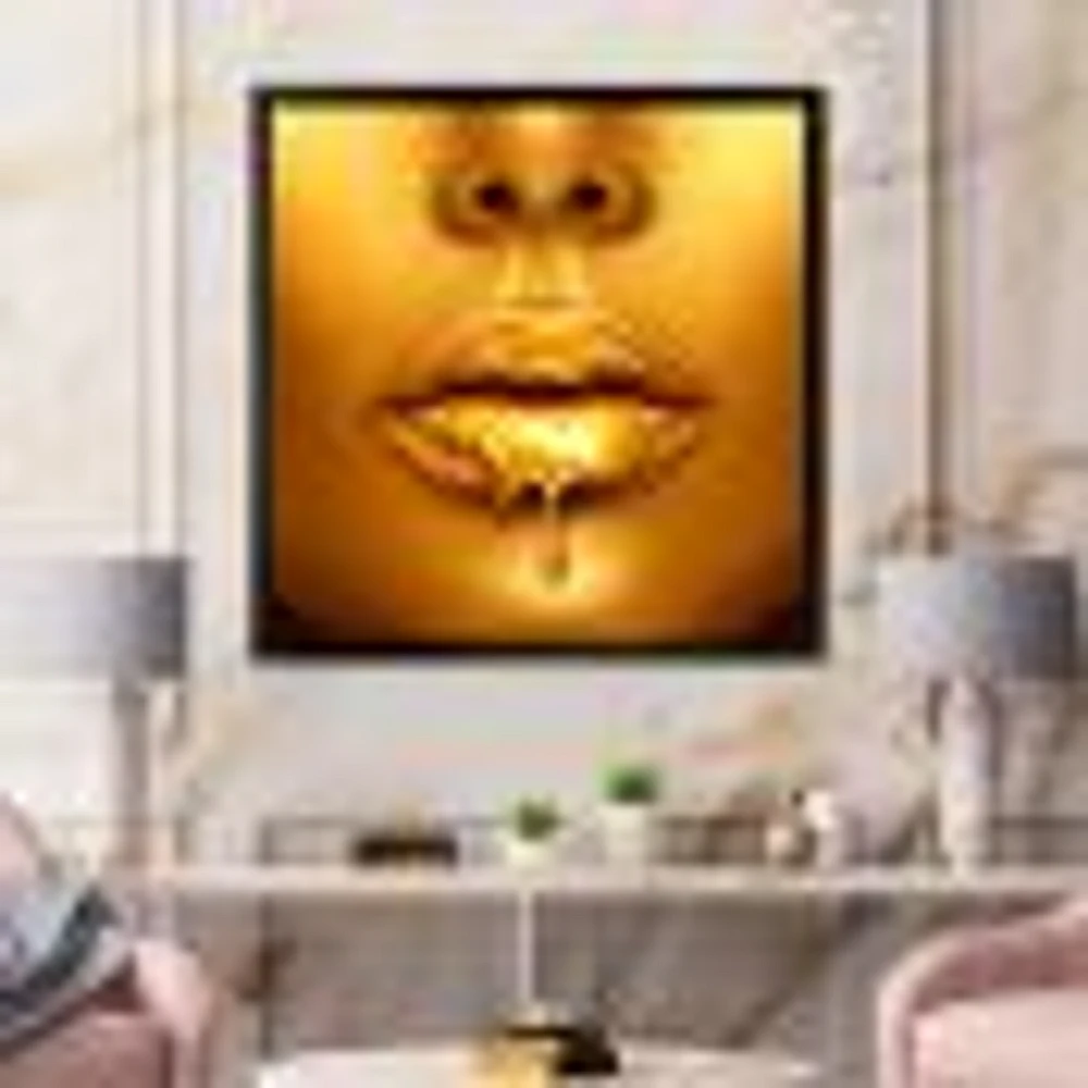 Gold Paint Drips From Sexy Woman Lips  Wall Art