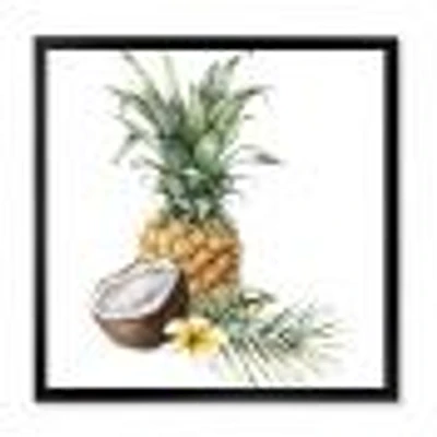 Pineapple with Coconut Plumeria and Palm Leaves  Canvas Wall Art Print