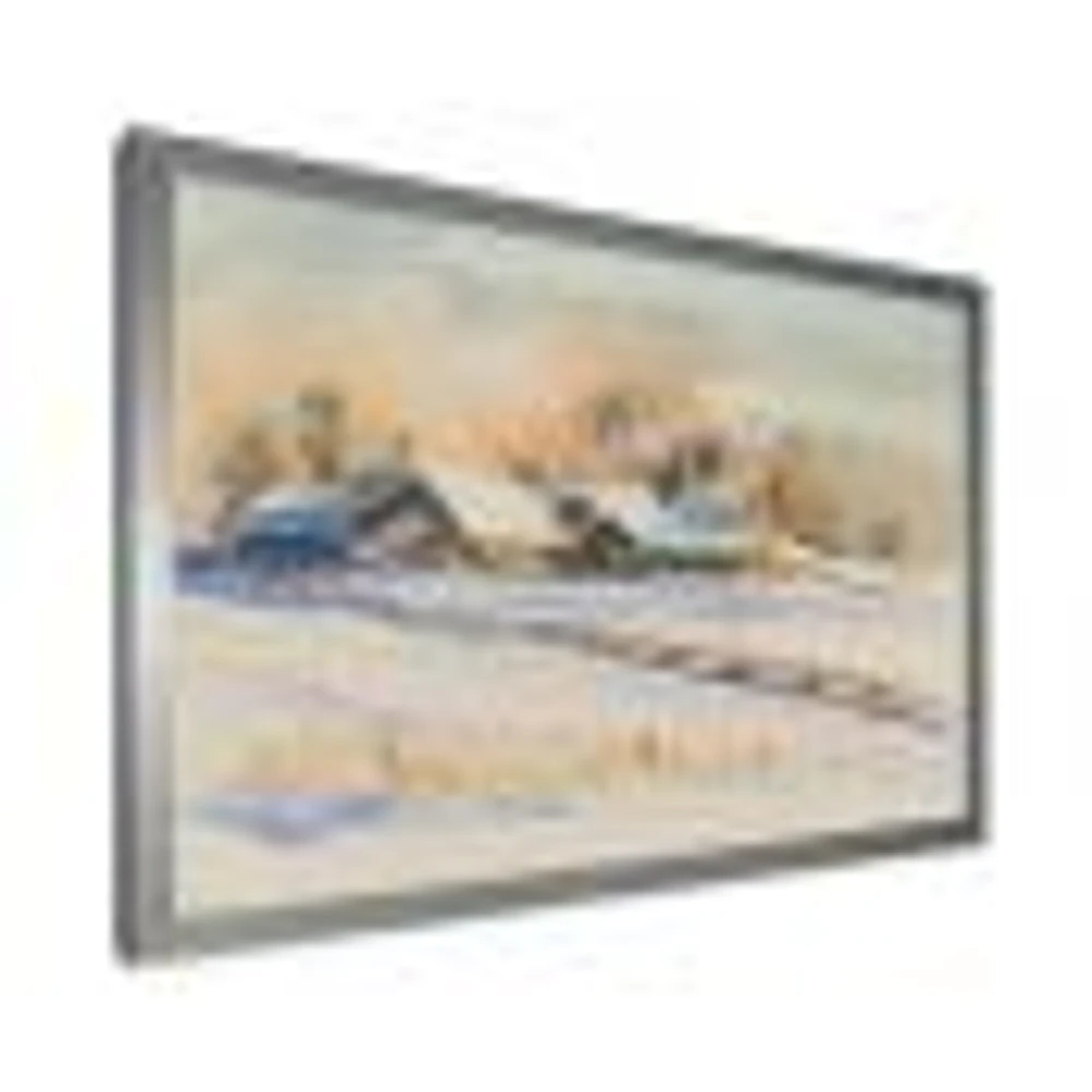Small VIllage At Sunset Covered with Snow Canvas Wall Art Print