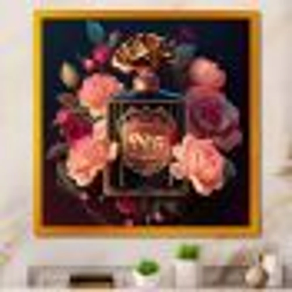 Chic Perfume Bottle With Pink Roses Wall Art