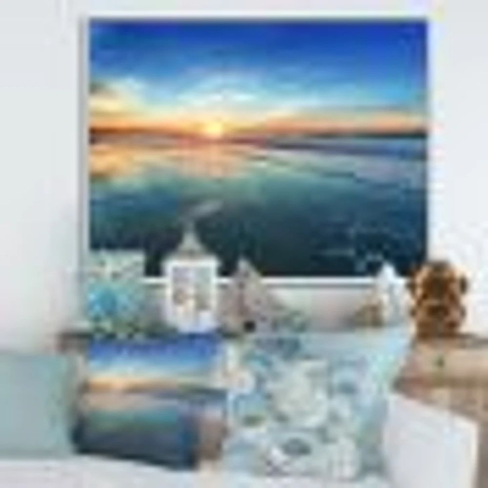 Blue Seashore with Distant Sunset  Canvas Wall Art