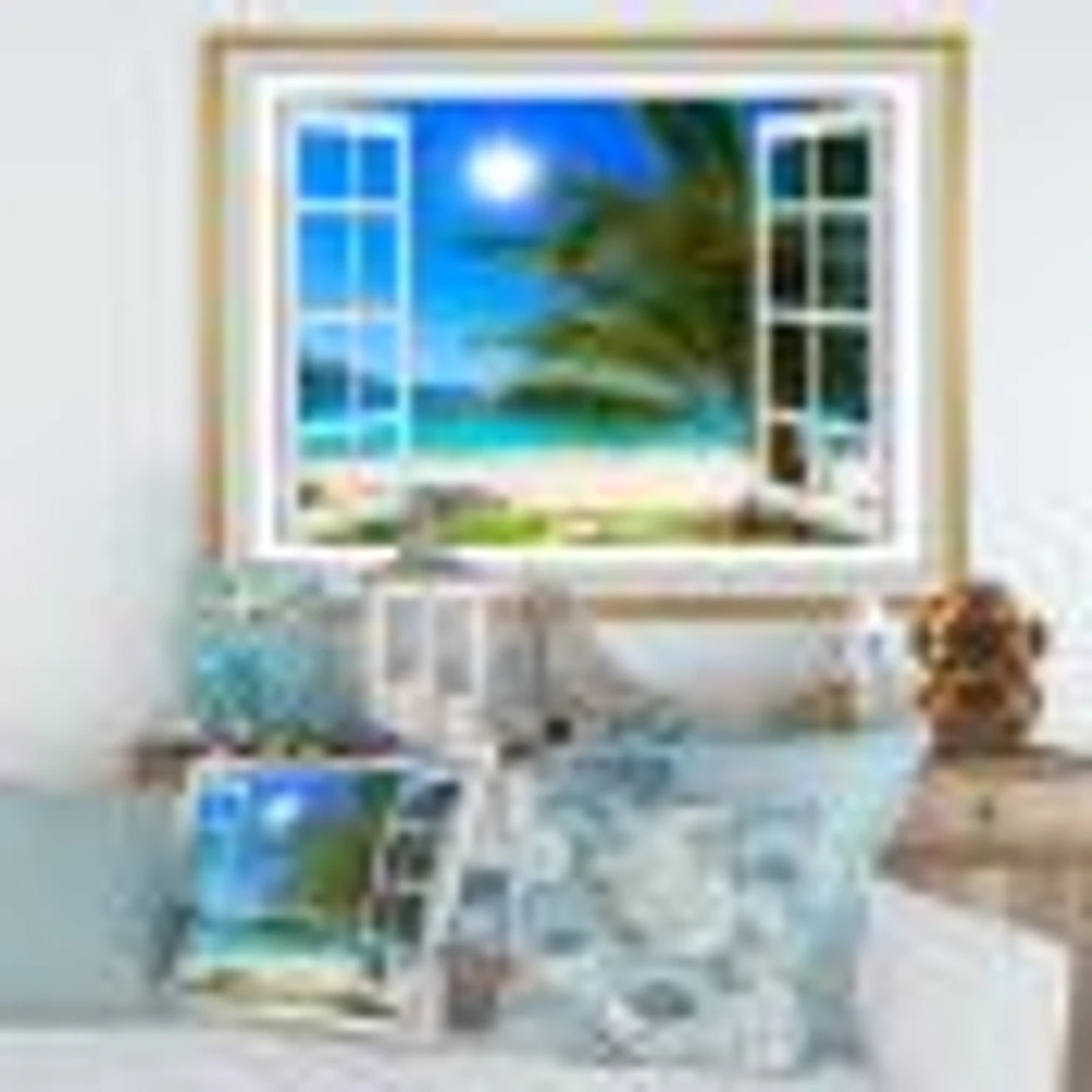 Window Open to Beach with Palm  Canvas Art