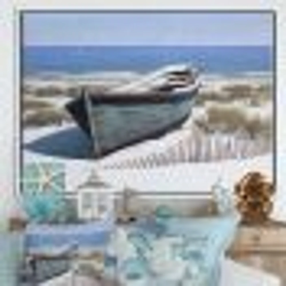 Blue Boat on Beach  Canvas Wall Art Print