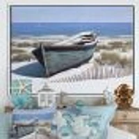 Blue Boat on Beach  Canvas Wall Art Print