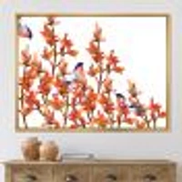 Flock of Bullfinches Birds on Orange Branches Wall Art