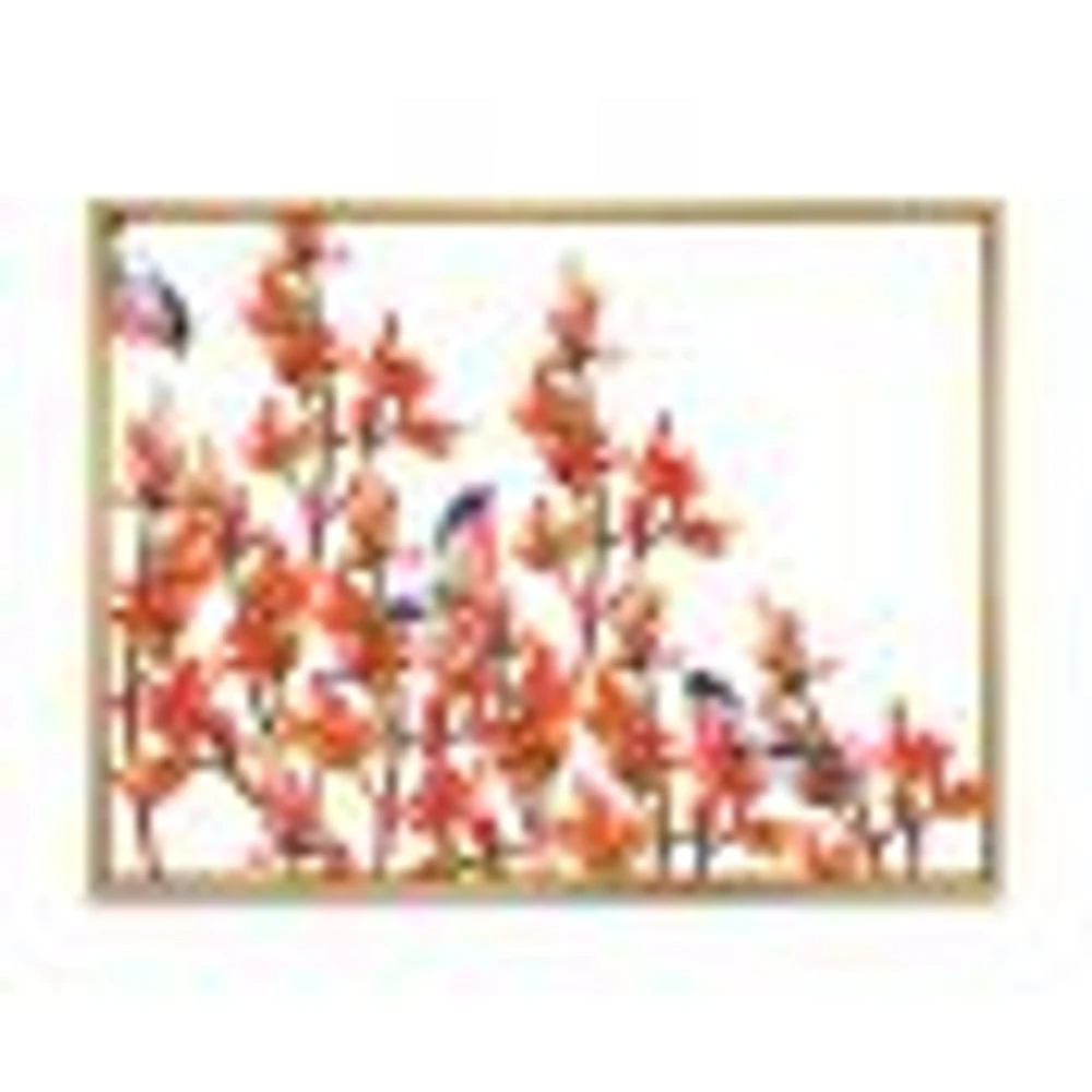 Flock of Bullfinches Birds on Orange Branches Wall Art