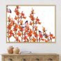 Flock of Bullfinches Birds on Orange Branches Wall Art