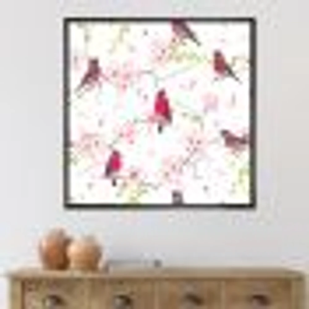 Red Bullfinches on Magnolia Tree  Wall Art