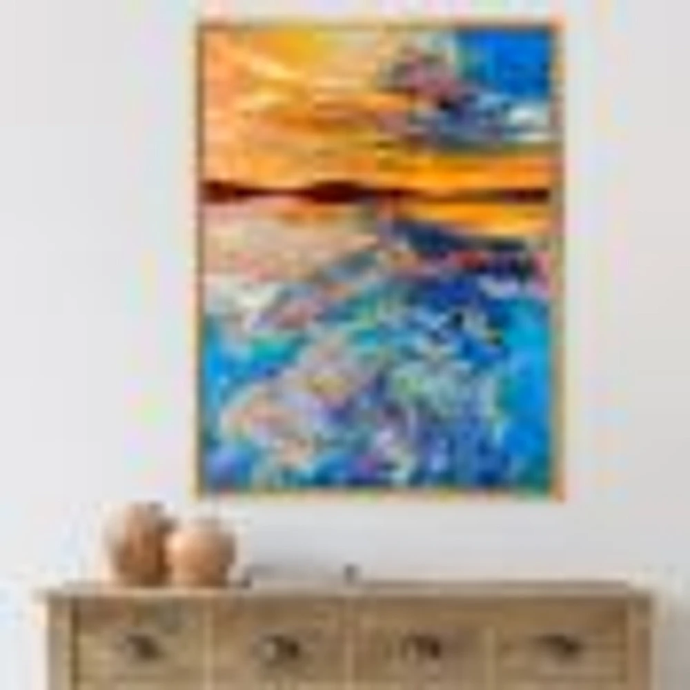 Orange Sunset Over Whirly Blue Waves  Canvas Wall Art Print