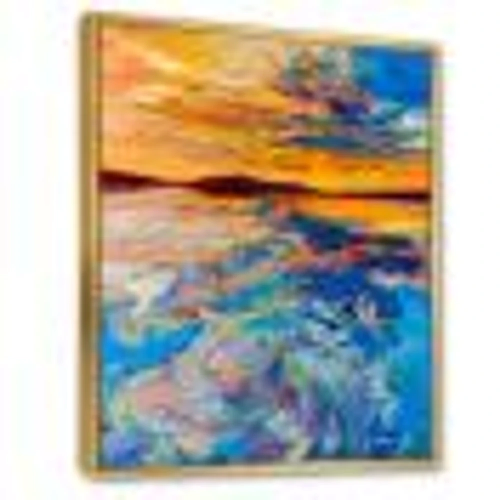 Orange Sunset Over Whirly Blue Waves  Canvas Wall Art Print