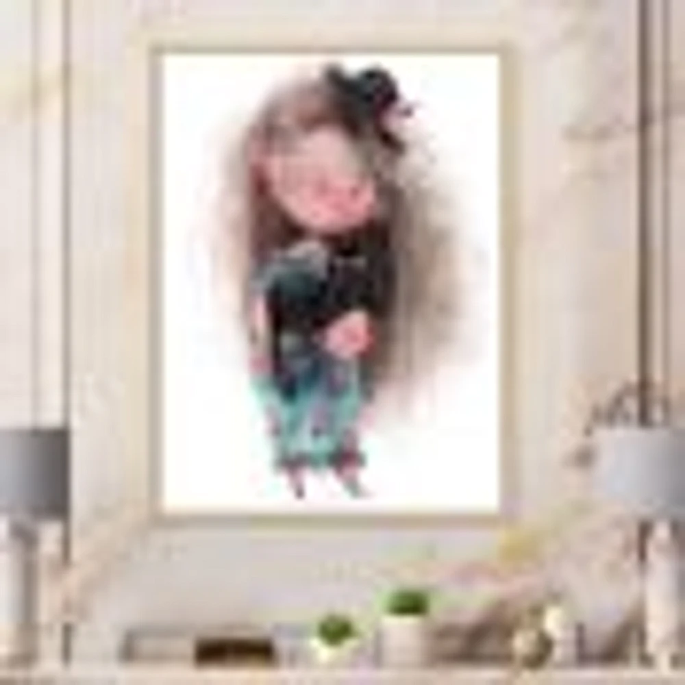 Cute Little Girl with Hat and Black Cat  Canvas Wall Art Print