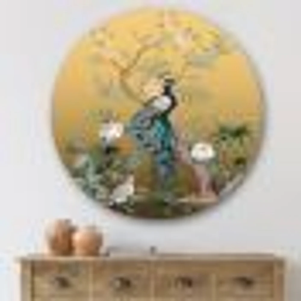 Chinoiserie with Birds and Peonies Round Metal Art