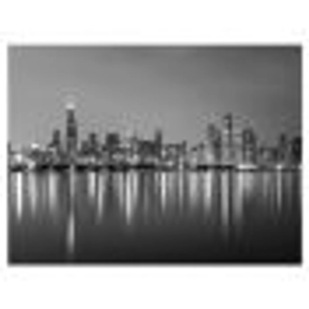 Chicago Skyline at Night Black and White  Wall Art