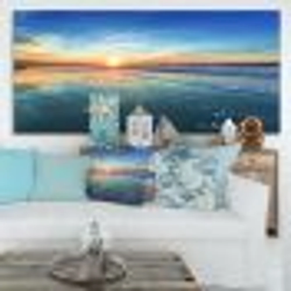 Blue Seashore with Distant Sunset  Canvas Wall Art