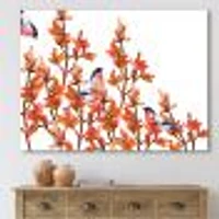 Flock of Bullfinches Birds on Orange Branches Wall Art