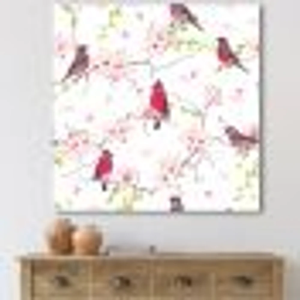 Red Bullfinches on Magnolia Tree  Wall Art