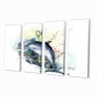 Dolphin Turtle Anchor & Linear Coral Reef Plants Canvas Rectangular Wall Art Print