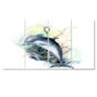 Dolphin Turtle Anchor & Linear Coral Reef Plants Canvas Rectangular Wall Art Print