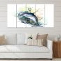 Dolphin Turtle Anchor & Linear Coral Reef Plants Canvas Rectangular Wall Art Print