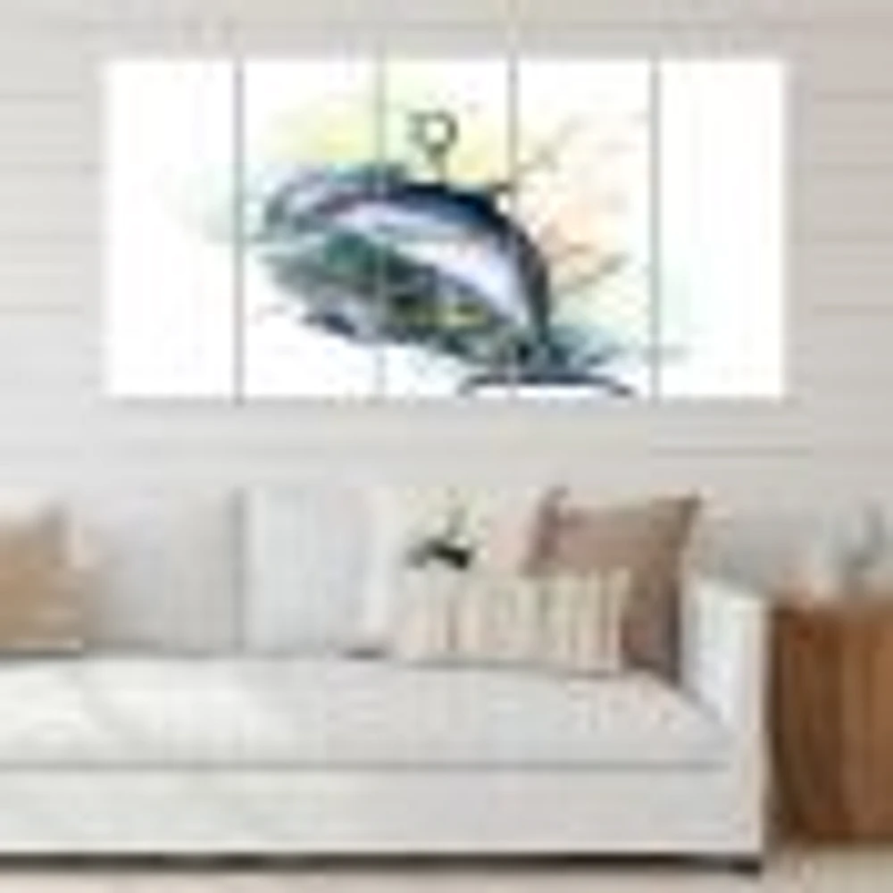 Dolphin Turtle Anchor & Linear Coral Reef Plants Canvas Rectangular Wall Art Print