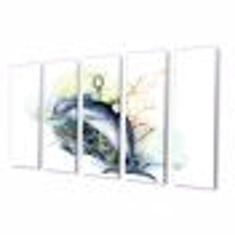 Dolphin Turtle Anchor & Linear Coral Reef Plants Canvas Rectangular Wall Art Print