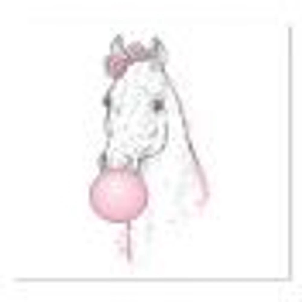 White Horse with Pink Bubble Gum  Canvas Wall Art Print