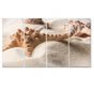 Close Up of Starfish and Seashell on Light Sand Canvas Wall Art Print Panels