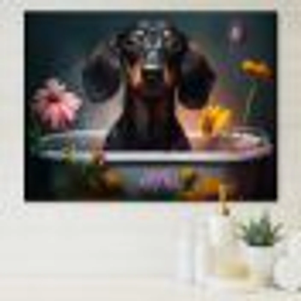 Funny Black Daschund Dog Taking A Flower Bath Canvas Wall Art