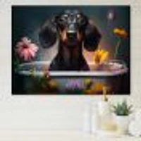 Funny Black Daschund Dog Taking A Flower Bath Canvas Wall Art